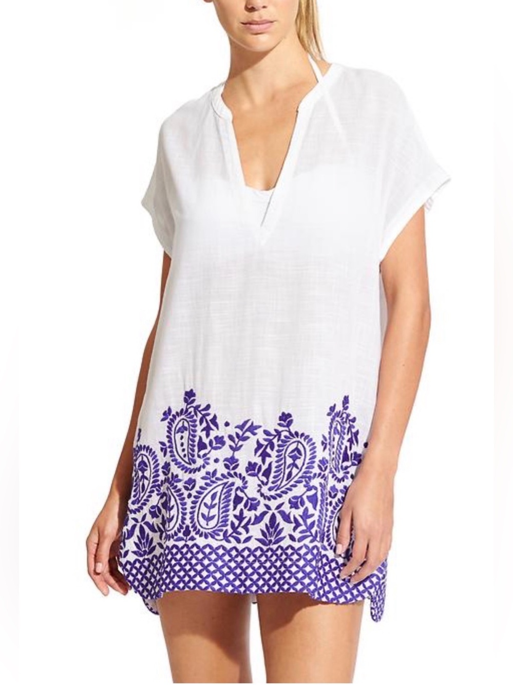 Athleta Embroidered Paisley Tunic Swim Cover Up White Blue Size Large